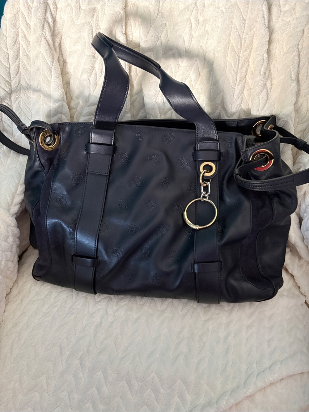 Lg Navy Blue Embossed Leather Chloe’ Tote w/gold & silver metal + dust bag.